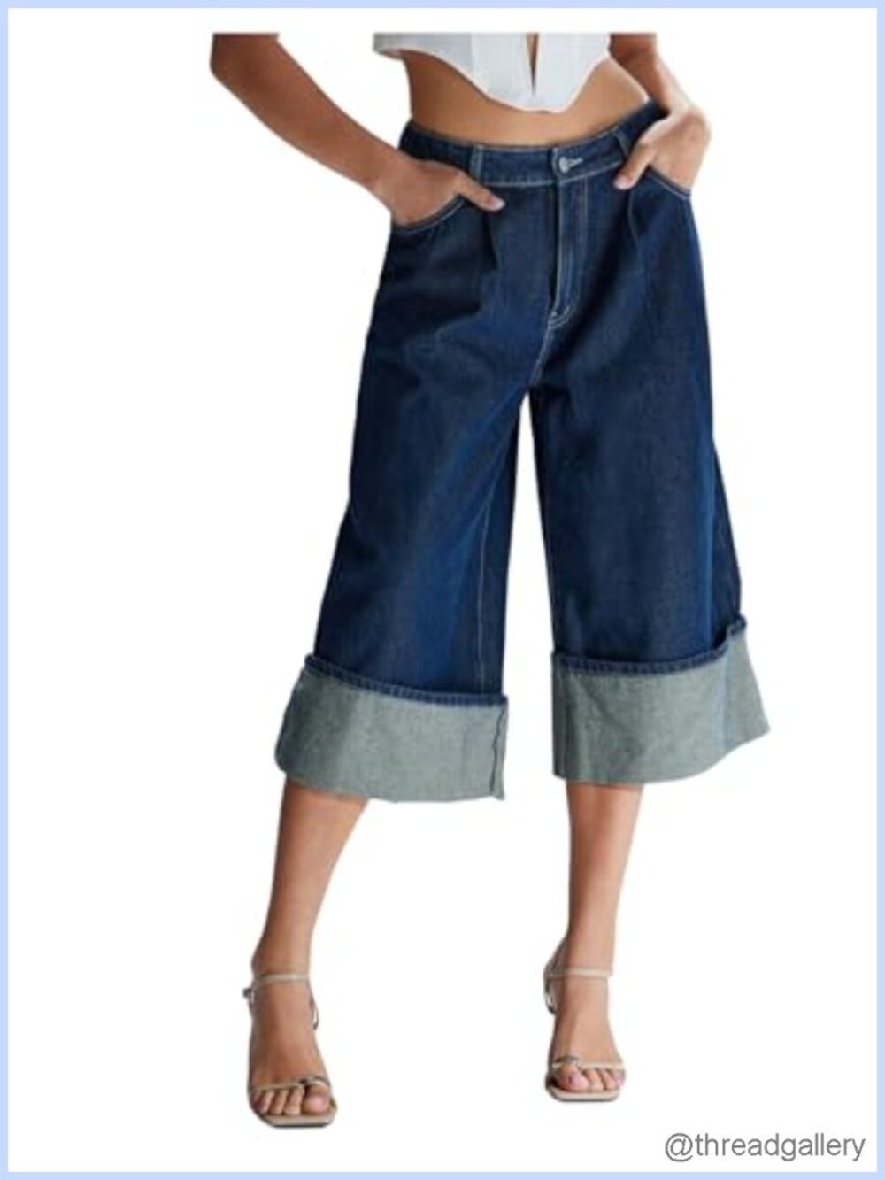 Women's Bermuda Denim Shorts Wide Leg Cuffed Hem Pleated Y2K Style